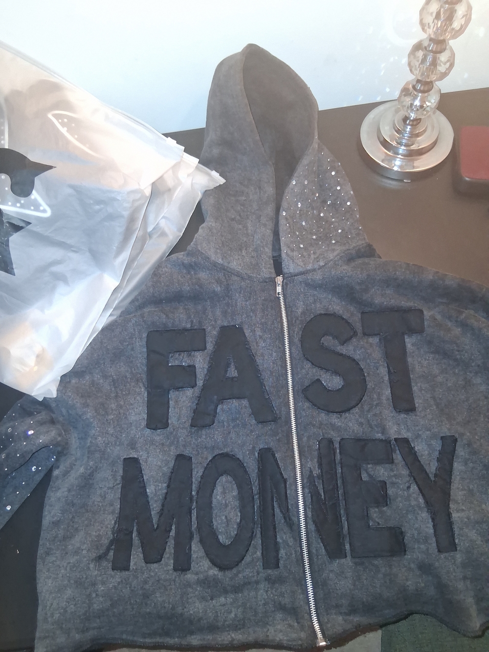 Fast Money Embroidered Zip Hoodie Jacket - Gray